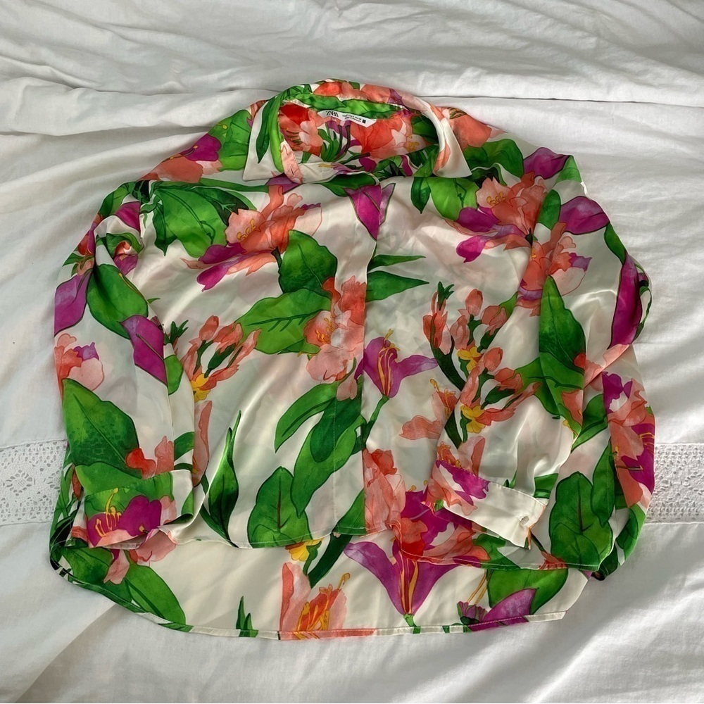 Zara SMALL floral satin oversized blouse top shirt beach tropical pink red green